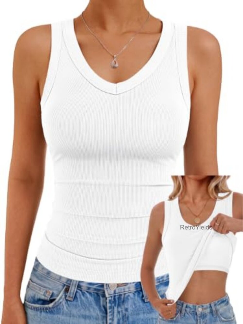 Ribbed V Neck Built in Bra Tank Top Sleeveless Racerback Women